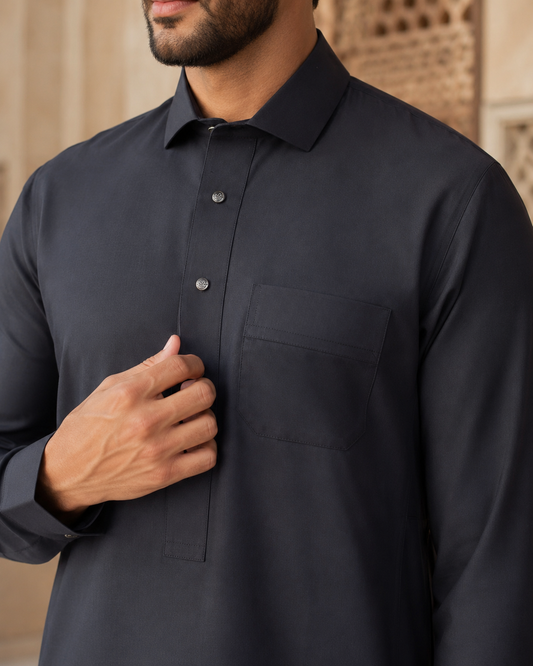 Premium Midnight Black Thobe by Al-Emara, showcasing the traditional long Islamic garment with elegant tailoring and fabric.