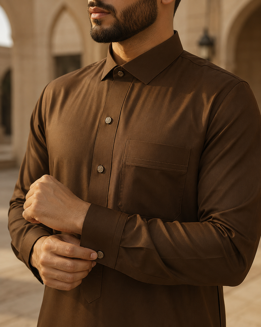 Premium Saddle Brown Thobe by Al-Emara, featuring traditional Islamic attire with intricate embroidery and comfortable fabric.