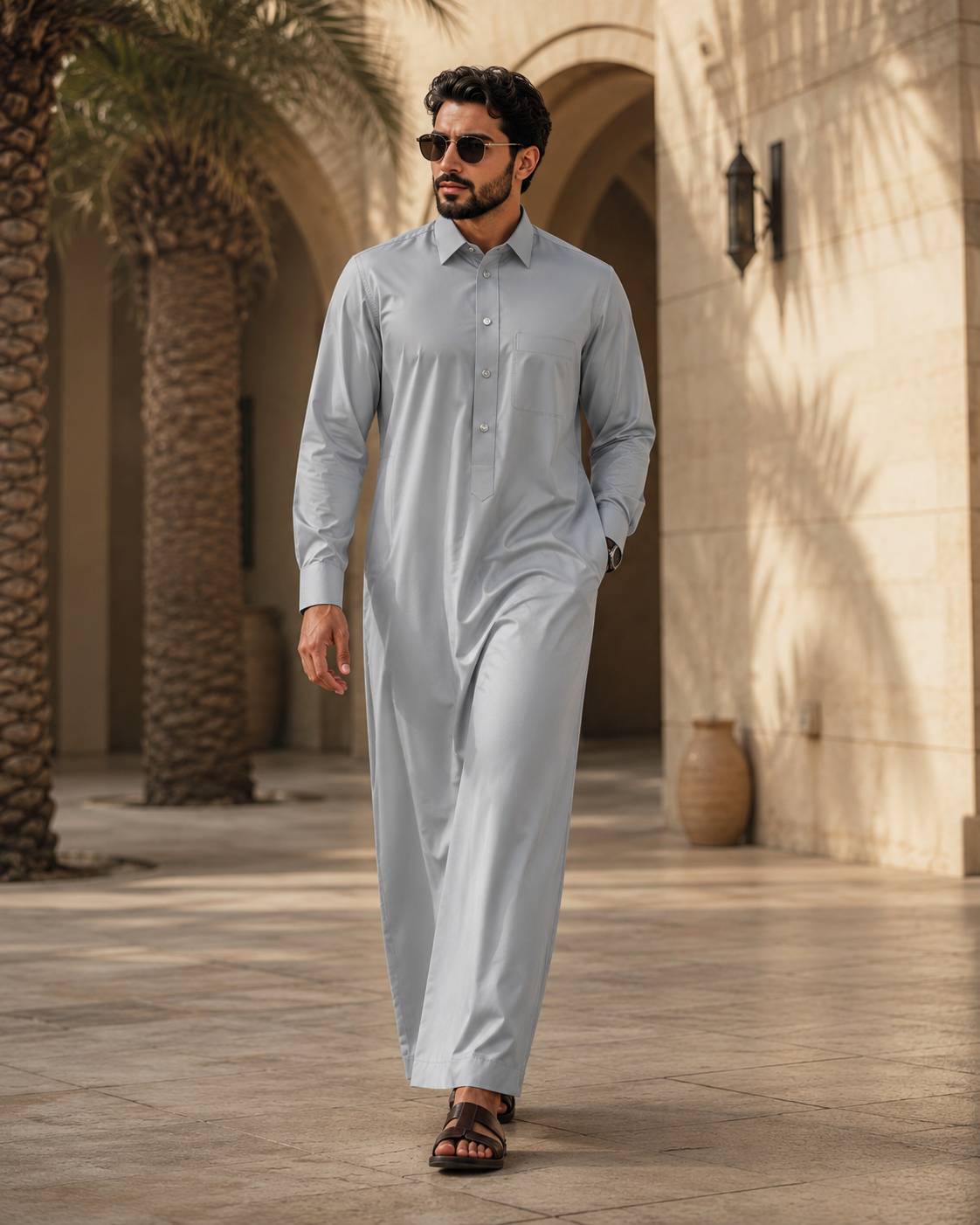 Silver Mist Thobe by Al-Emara featuring traditional Islamic attire in elegant silver fabric, displayed on a mannequin.