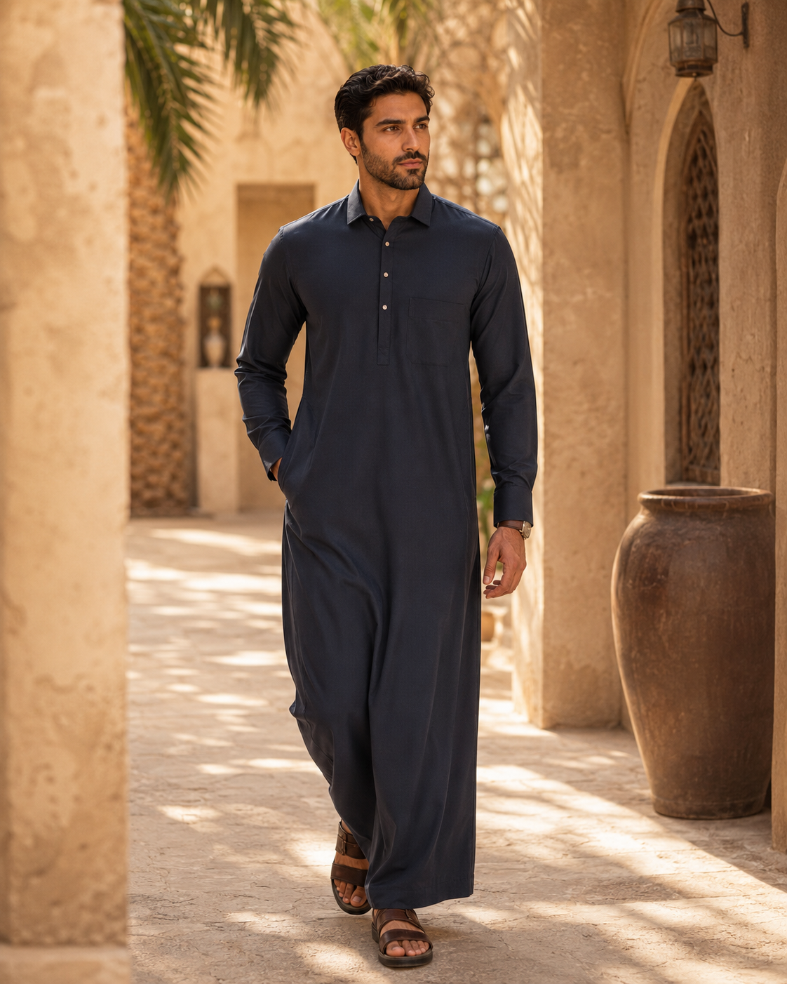 Premium Midnight Black Thobe by Al-Emara, showcasing a traditional long Islamic robe with intricate embroidery and a relaxed fit.