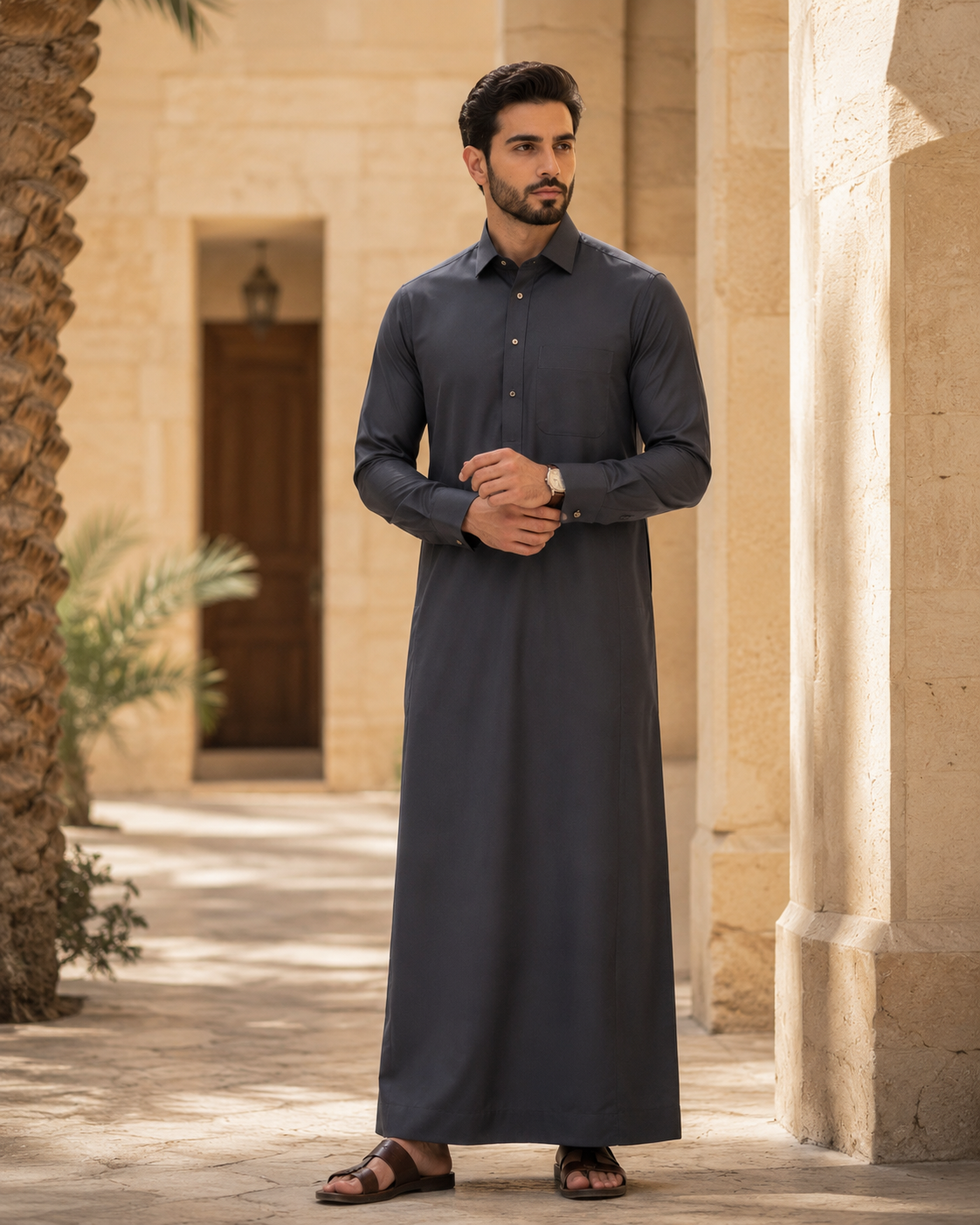 Midnight black thobe by Al-Emara featuring a long, flowing traditional Islamic garment with a high collar and detailed embroidery.