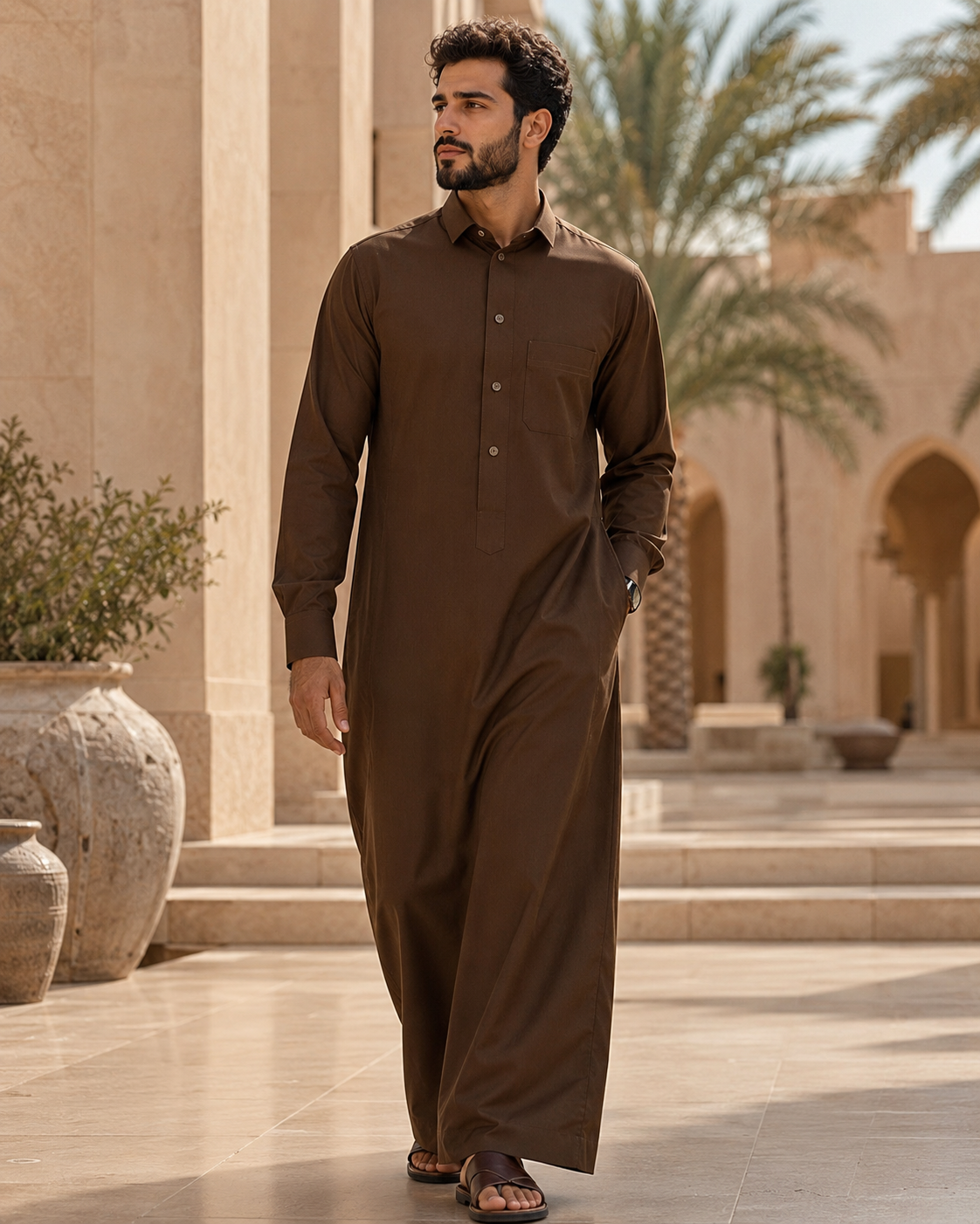 Premium Saddle Brown Thobe by Al-Emara, featuring traditional Islamic attire with detailed embroidery and comfortable fit.