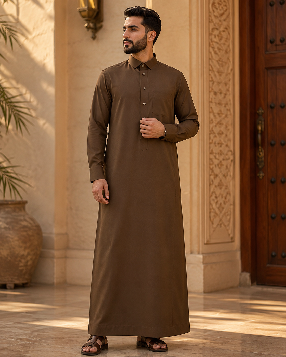 Premium Saddle Brown Thobe by Al-Emara, featuring traditional Islamic attire with intricate embroidery and a comfortable fit.