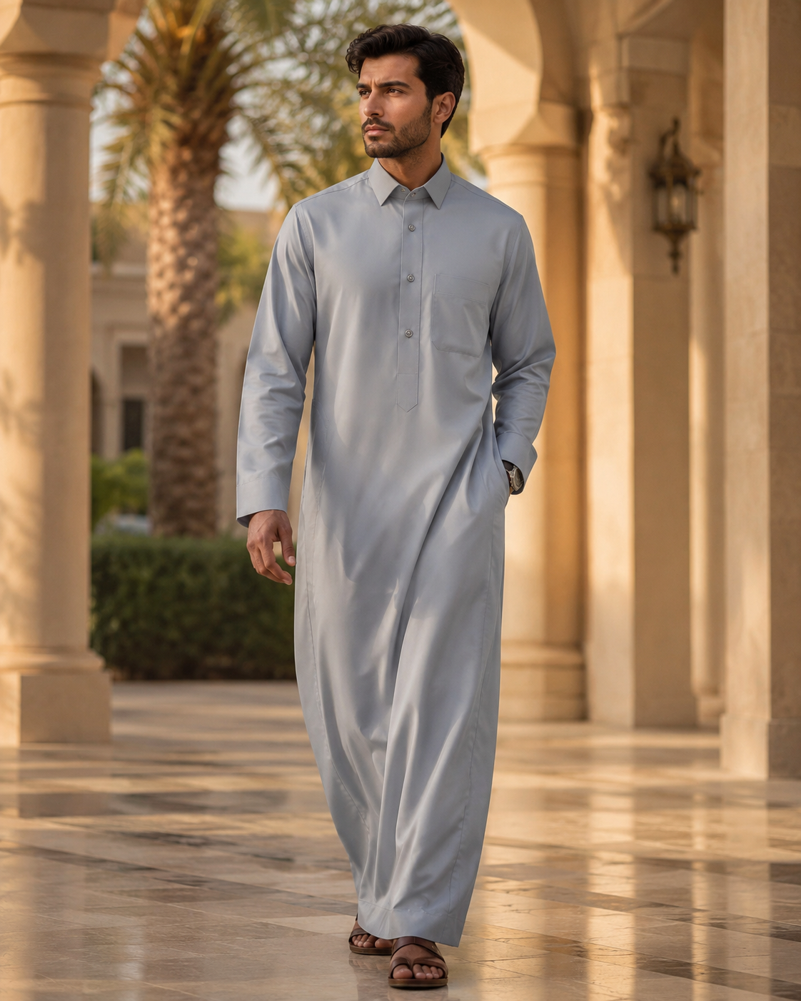 Silver Mist Thobe by Al-Emara, showcasing a traditional men's garment in premium silver fabric with detailed embroidery.