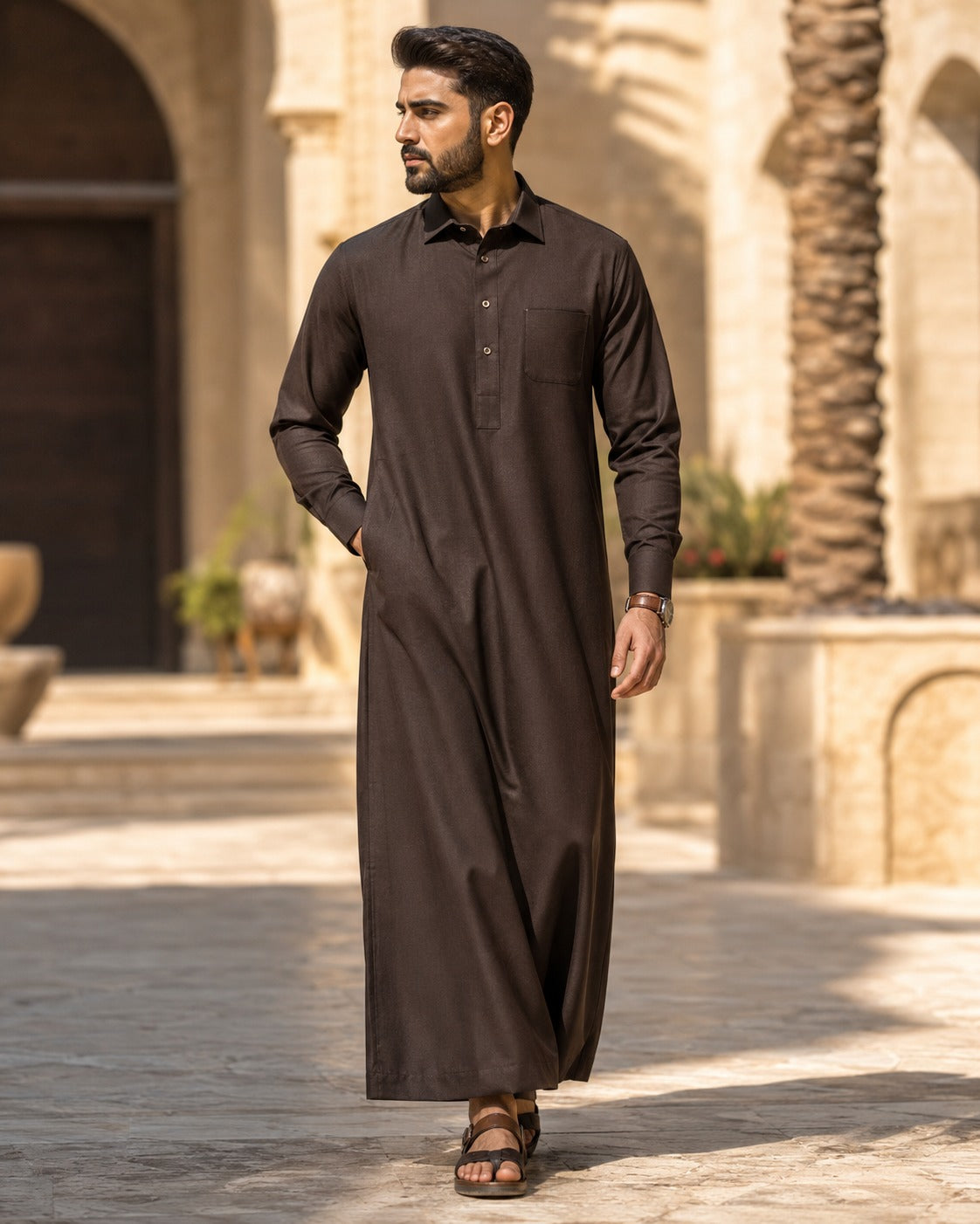 Elite chocolate brown thobe by Al-Emara, featuring traditional long Islamic men's robe with intricate embroidery and comfortable fit.