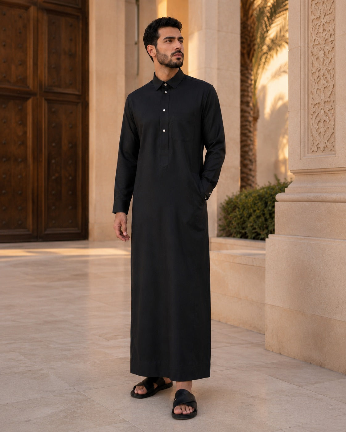 Black premium classic thobe by Al-Emara displayed on a mannequin, showcasing the traditional long Islamic garment with a clean, elegant design.