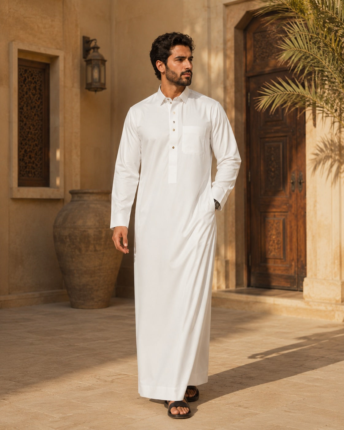 Al-Emara feather-light classic white thobe displayed on a hanger, showcasing smooth fabric and traditional design.